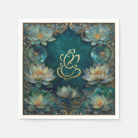 Indiase Ganesh Green Gold traditionele Lotus bruil Servet (Voorkant)