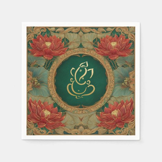 Indiase Ganesh Green Gold traditionele Lotus bruil Servet (Voorkant)
