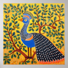 Indiase Gond Art Peacock Geel | Kunst van India
