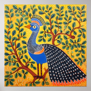 Indiase Gond Art Peacock Geel Kunst van India Poster