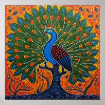 Indiase Gond Art Peacock Sinaasappel | Kunst van I