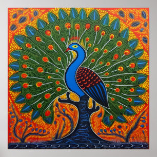 Indiase Gond Art Peacock Sinaasappel   Kunst van I Poster