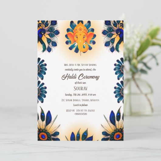 Indiase hindoe-bruidegom Haldi-ceremonie Pauwthema Kaart (Staand voorkant)