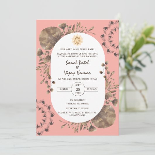 Indiase Hindoe bruiloft Ganesha Logo rustiek blad Kaart (Staand voorkant)