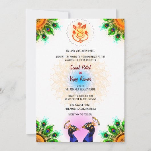 Indiase Hindoe bruiloft Ganesha Peacock Pair Wit Kaart (Voorkant)