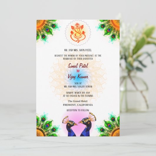 Indiase Hindoe bruiloft Ganesha Peacock Pair Wit Kaart (Staand voorkant)