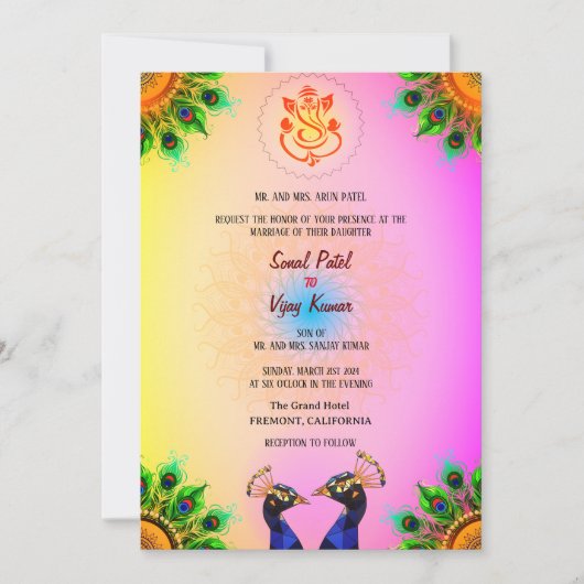 Indiase Hindoe Bruiloft Ganesha Roze Peacock Paar Kaart (Voorkant)