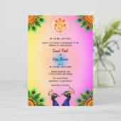 Indiase Hindoe Bruiloft Ganesha Roze Peacock Paar Kaart (Staand voorkant)