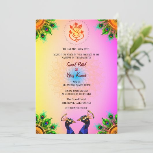 Indiase Hindoe Bruiloft Ganesha Roze Peacock Paar Kaart (Staand voorkant)