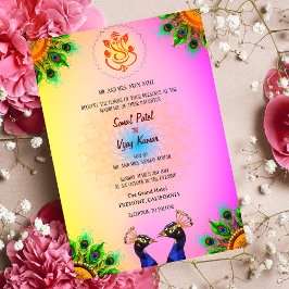 Indiase Hindoe Bruiloft Ganesha Roze Peacock Paar Kaart