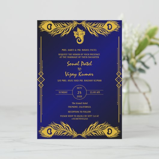 Indiase Hindoe Bruiloft Gouden Elementen Ganesha L Kaart (Staand voorkant)