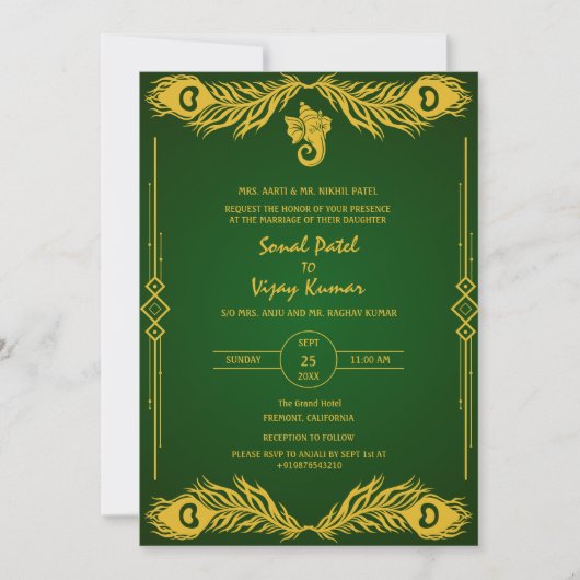 Indiase Hindoe Bruiloft Gouden Elementen Ganesha L Kaart (Voorkant)