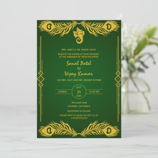 Indiase Hindoe Bruiloft Gouden Elementen Ganesha L Kaart (Staand voorkant)