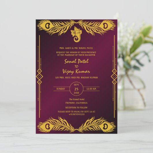 Indiase Hindoe Bruiloft Gouden Elementen Ganesha L Kaart (Staand voorkant)