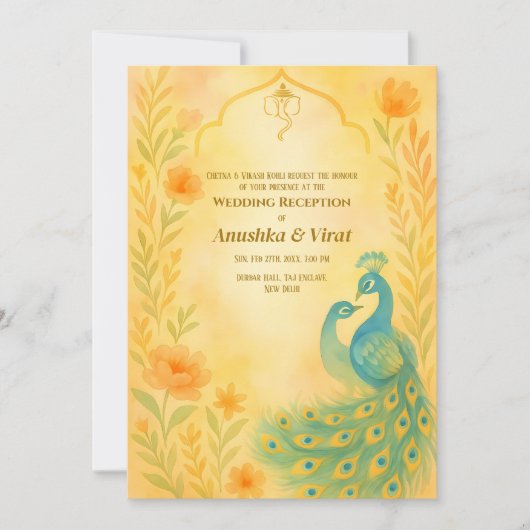Indiase Hindoe bruiloft receptie Peacock Bloemen Kaart (Voorkant)
