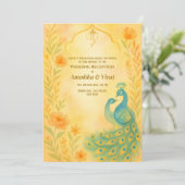 Indiase Hindoe bruiloft receptie Peacock Bloemen Kaart (Staand voorkant)