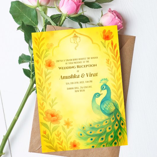 Indiase Hindoe bruiloft receptie Peacock Bloemen Kaart