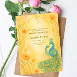 Indiase Hindoe bruiloft receptie Peacock Bloemen Kaart<br><div class="desc">Sluit uw huwelijksvieringen in stijl af met deze elegante Indiase hindoeïstische huwelijksreceptie-uitnodiging. Met een prachtig beschilderde pauw, zachte bloemenaccenten en een waterverf pastelpalet, combineert dit ontwerp vorstelijke charme met hedendaagse elegantie. Deze kaart is perfect voor de receptieavond en biedt voldoende ruimte voor uw persoonlijke boodschap, gastengegevens en locatie-informatie. Of u...</div>