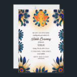Indiase Hindoe Groom Haldi Ceremony Peacock Thema Kaart<br><div class="desc">Vier de bruisende vereniging van harten met onze "Indian Hindu Groom Haldi Ceremony Peacock Theme Invitation." Deze prachtige uitnodiging legt de essentie van liefde en traditie vast, met een charmant koppel te midden van prachtige pauwenveren. De gunstige Ganesha logo en serene Om-symbool op de achtergrond voegen een vleugje goddelijke zegeningen...</div>