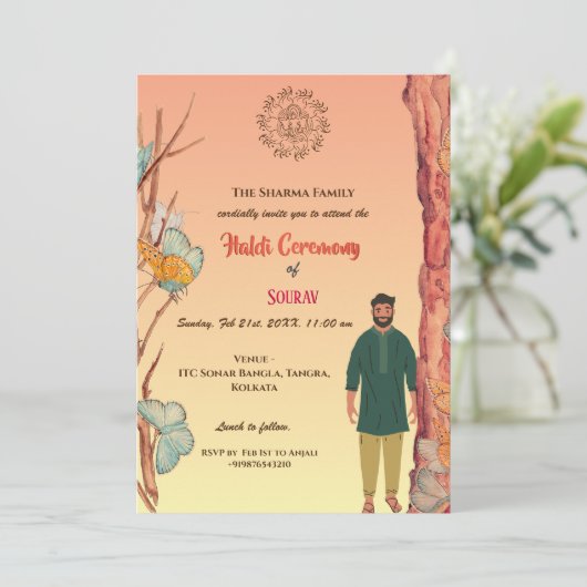Indiase Hindoe Groom Haldi Ceremony Vlinder Kaart (Staand voorkant)