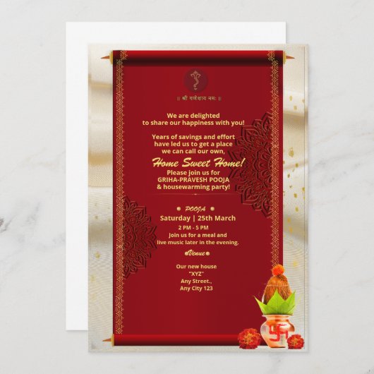 Indiase Hindoe Huis Warming Grihapravesh Uitnodigi Kaart (Voorkant / Achterkant)