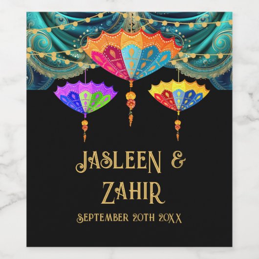 Indiase Hindoe Parasol Lichten Bruiloft Menu Wijn Etiket (Enkel label)