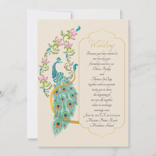 Indiase hindoeïstische pauw trouwuitnodiging kaart (Voorkant)