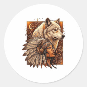 Indiase inheemse Amerikaanse vrouw met witte wolf Ronde Sticker