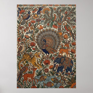 Indiase Kalamkari Folk Art Pauw Tijger Olifant C Poster