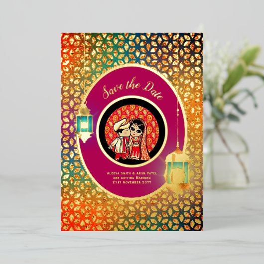 Indiase Koppel ECHT GOUDEN FOLIE Cute Bewaar Datum Folie Uitnodiging (Staand Voorkant)