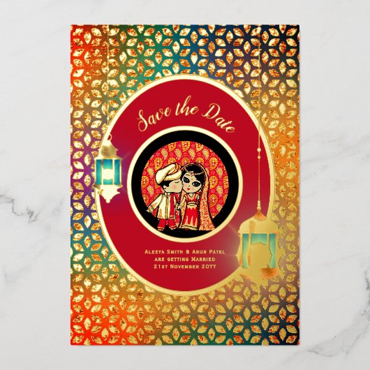 Indiase Koppel ECHT GOUDFOLIE Cute Save Datum Foli Folie Uitnodiging (Voorkant)