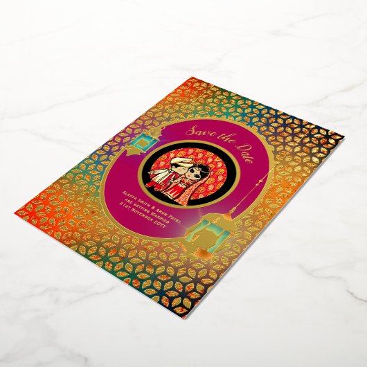 Indiase Koppel ECHT GOUDFOLIE Schattig Datum Bewar Folie Uitnodiging (Gedraaid)