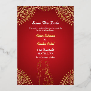 Indiase Koppel Trouwen Rood Goud Save The Date Folie Uitnodiging