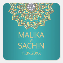 Indiase Mandala Bloem BLAUWGROEN Gouden Huwelijksz Vierkante Sticker