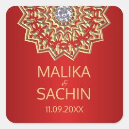 Indiase Mandala Bloem ROOD Goud Bruiloft Seals Vierkante Sticker