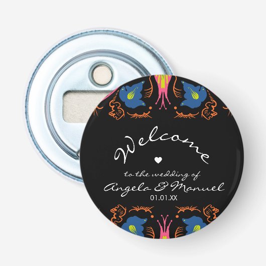 Indiase Olifant Bloem Zwart Bruiloft    Button Flesopener (Voorkant)