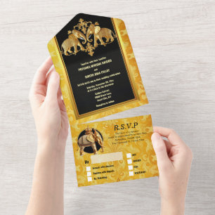 Indiase olifanten goud zwart damast Hindi Hindu All In One Uitnodiging