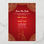 indiase paar bruiloft rood goud opslaan de datum folie uitnodiging (Voorkant)