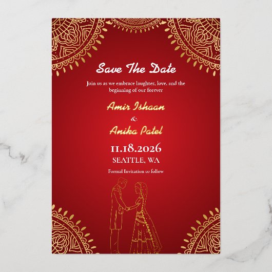 indiase paar bruiloft rood goud opslaan de datum folie uitnodiging (Voorkant)