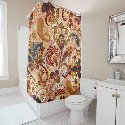 Indiase Paisley: Bloemen  bruin Douchegordijn (In situ)