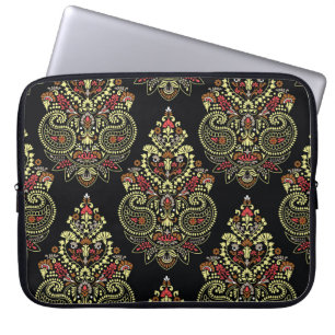 Indiase paisley, geometrische zwarte achtergrond laptop sleeve