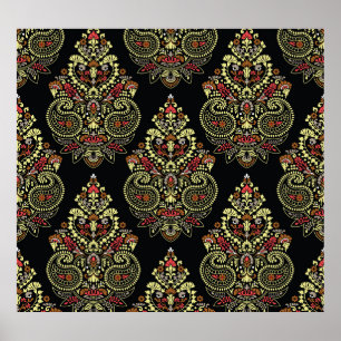 Indiase paisley, geometrische zwarte achtergrond poster