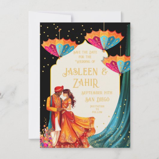 Indiase Parasols Bruid en bruidegom Save the Date Kaart (Voorkant)