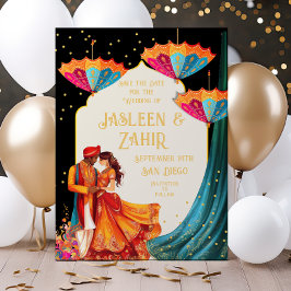 Indiase Parasols Bruid en bruidegom Save the Date Kaart