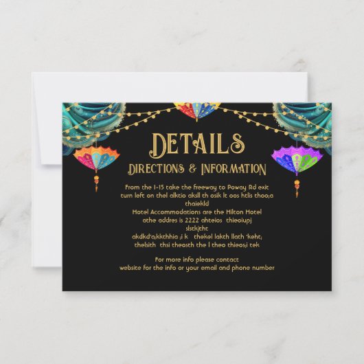 Indiase Parasols lichten Bruiloft Details info kaa RSVP Kaartje (Voorkant)