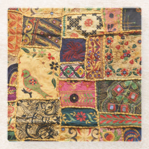 Indiase Patchwork: Hampi Market Cloth. Glazen Onderzetter