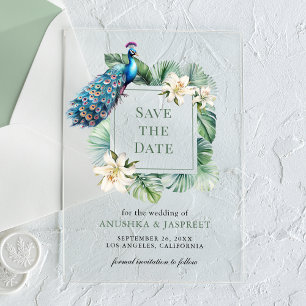 Indiase Pauw Bloemachtige Trouw Save the Date Acryl Uitnodigingen