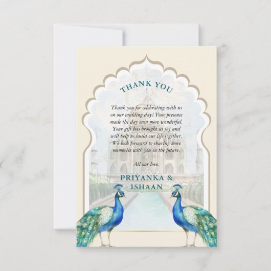 Indiase Pauw Goud Taj Mahal Esthetische bruiloft Bedankkaart (Voorkant)