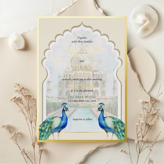 Indiase Pauw Goud Taj Mahal Esthetische bruiloft Folie Uitnodiging