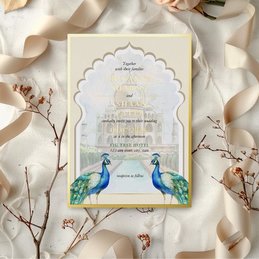 Indiase Pauw Goud Taj Mahal Esthetische bruiloft Folie Uitnodiging